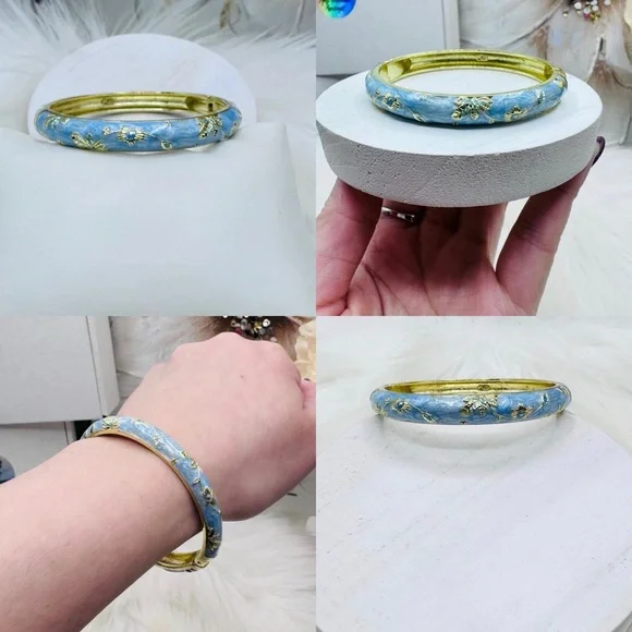 Set of Two Floral Enamel Bangles Pale Pink & Blue - Picture 2 of 7